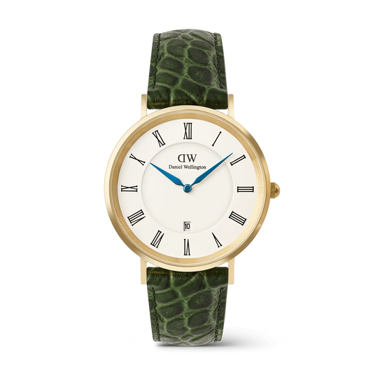 Daniel Wellington Classic Roman Numerals Date Green Croc 40mm watch with green leather strap and silver case, stylish and elegant timepiece.