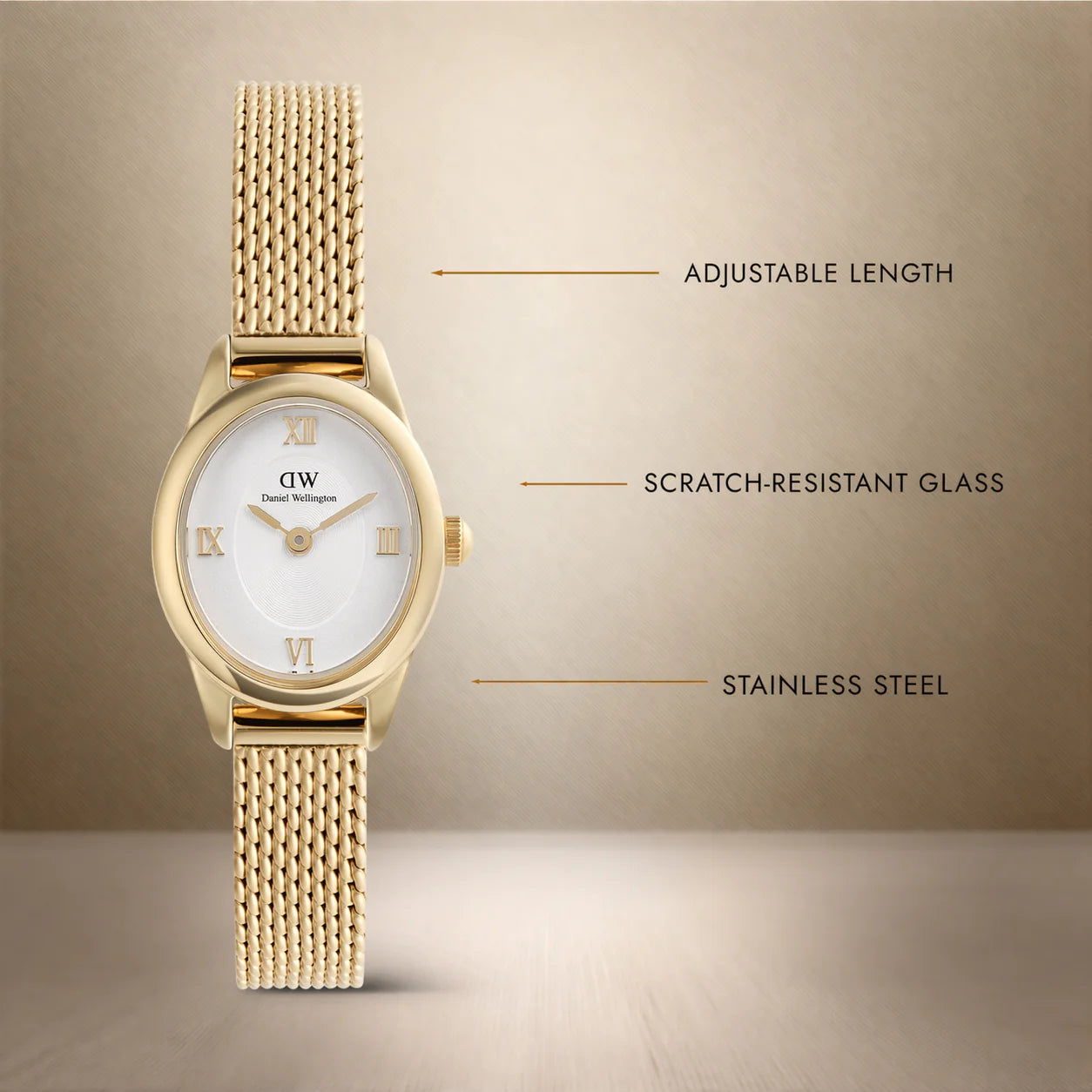 Daniel Wellington Ophelia Mini Mesh gold watch with a sleek round dial and elegant mesh band.