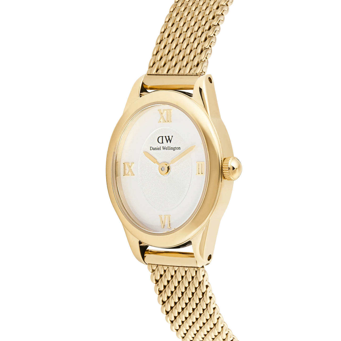 Daniel Wellington Ophelia Mini Mesh Gold watch with a sleek gold band and minimalist design, showcasing its elegant face.