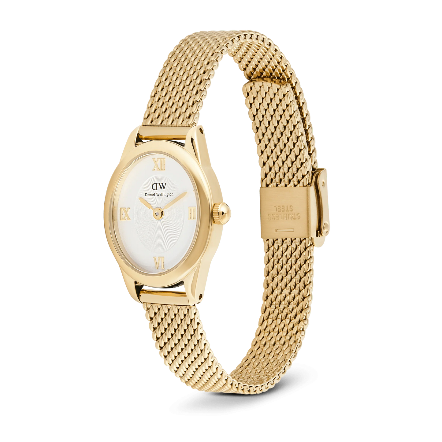 Daniel Wellington Ophelia Mini Mesh Gold watch with a sleek mesh band and elegant round dial, stylish and minimalistic accessory.
