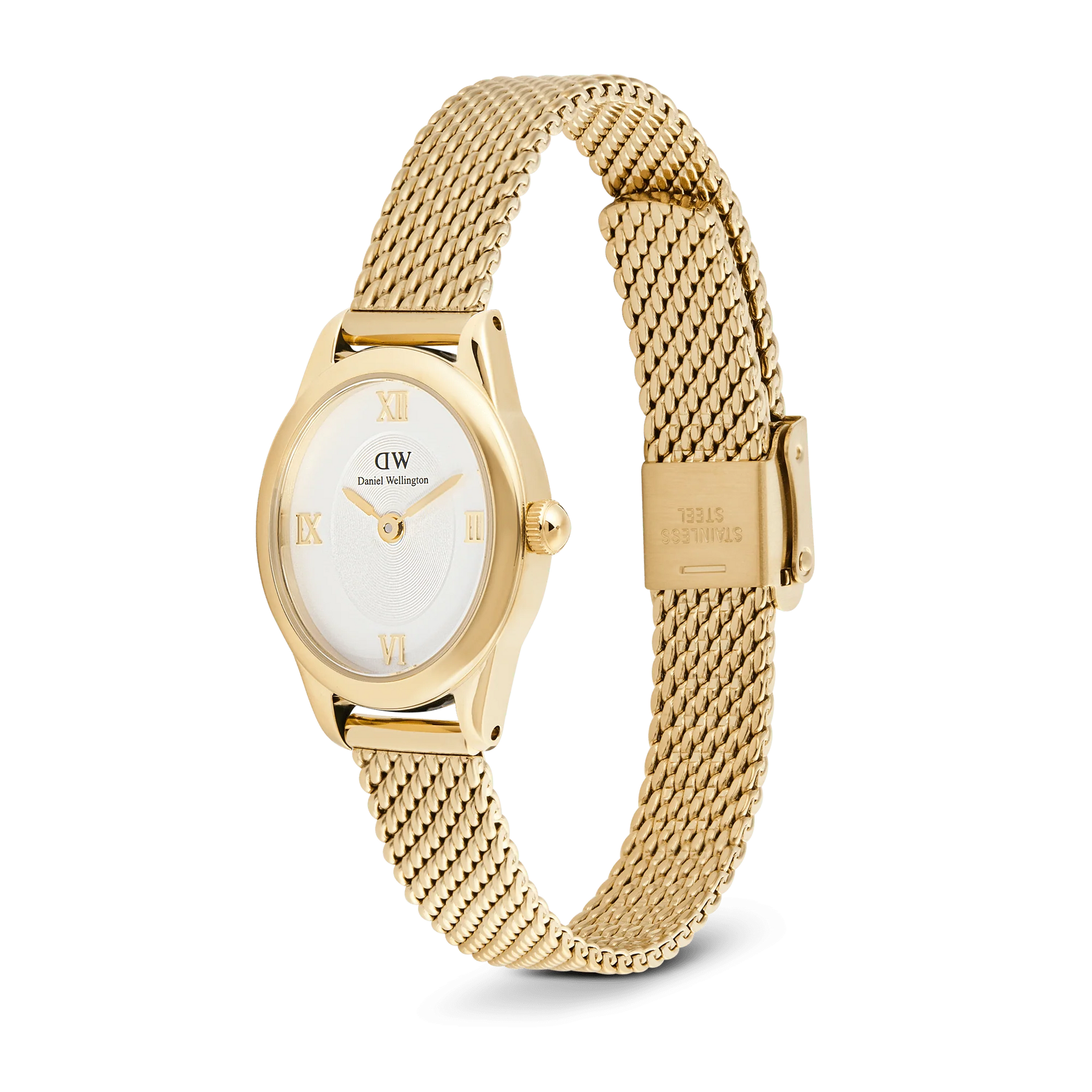 Daniel Wellington Ophelia Mini Mesh Gold watch with a sleek mesh band and elegant round dial, stylish and minimalistic accessory.
