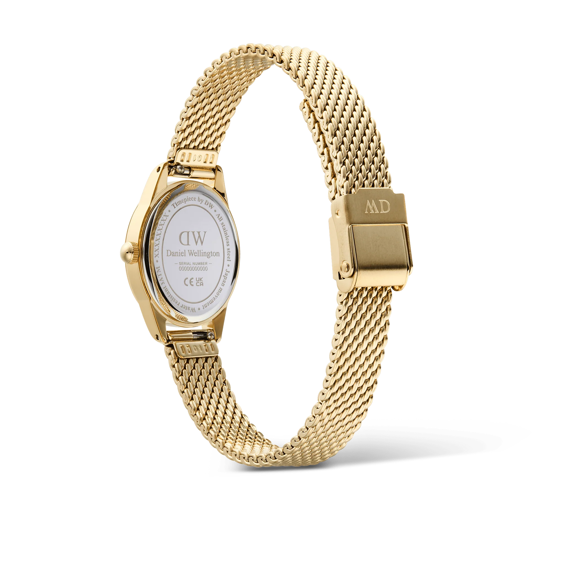 Daniel Wellington Ophelia Mini Mesh Gold watch showing a slim gold bracelet and elegant watch face with minimalist design.