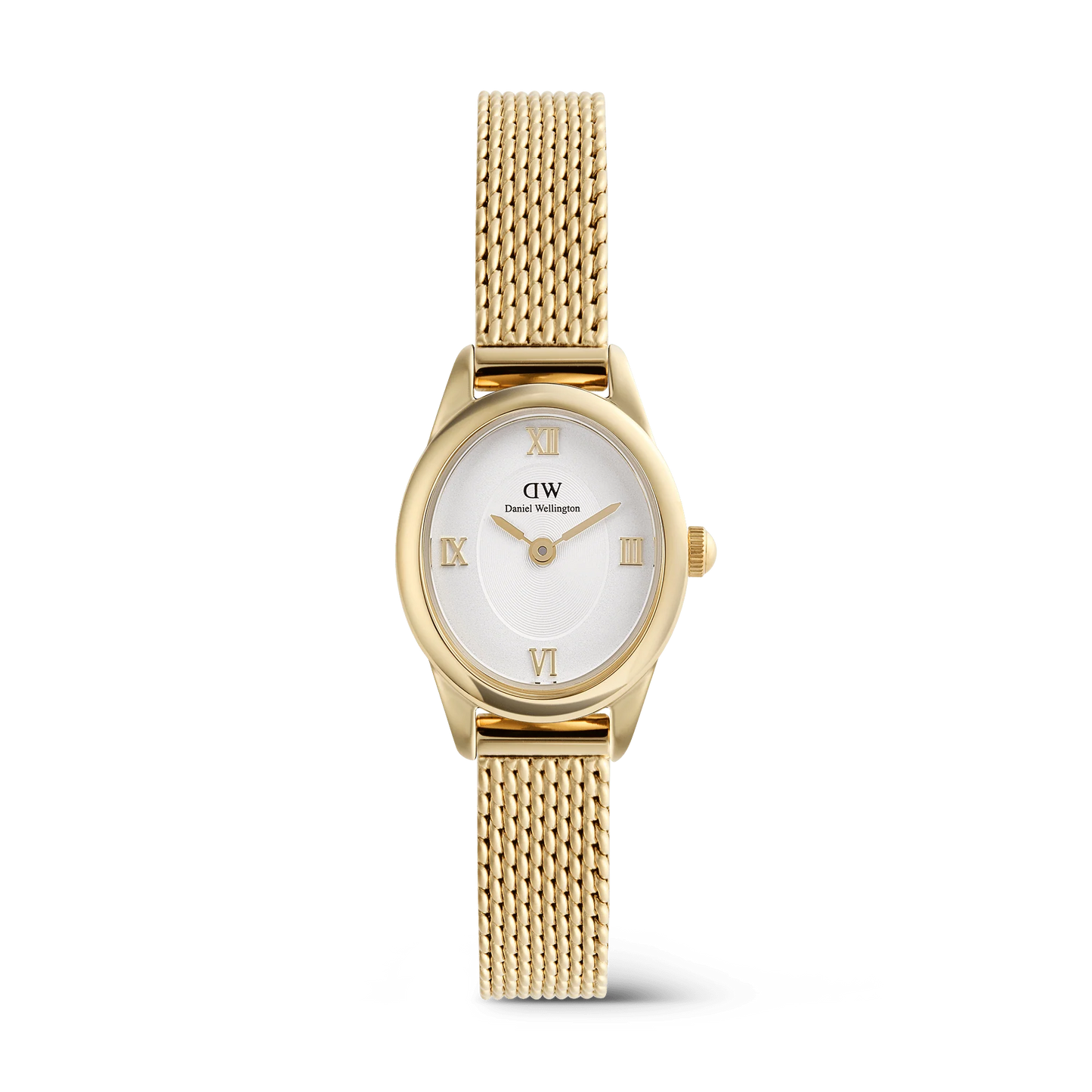 Daniel Wellington Ophelia Mini Mesh gold watch showing a sleek gold mesh strap and minimalist watch face.