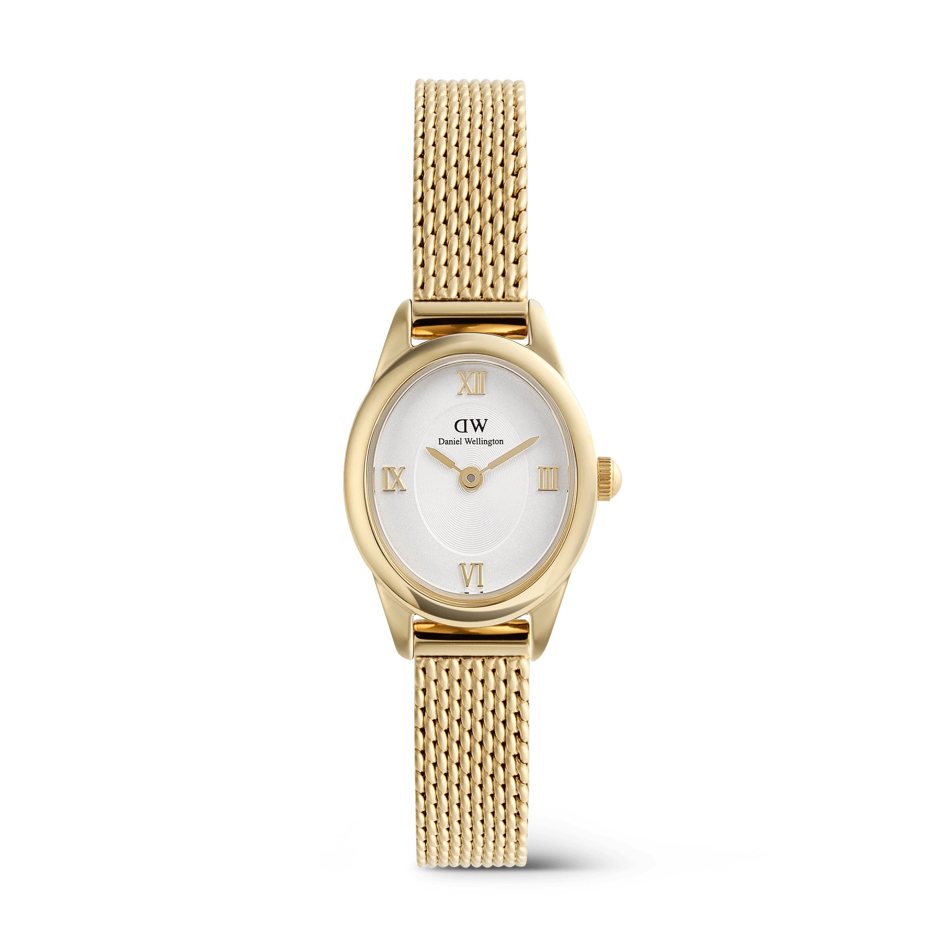 Daniel Wellington Ophelia Mini Mesh gold watch showing a sleek gold mesh strap and minimalist watch face.
