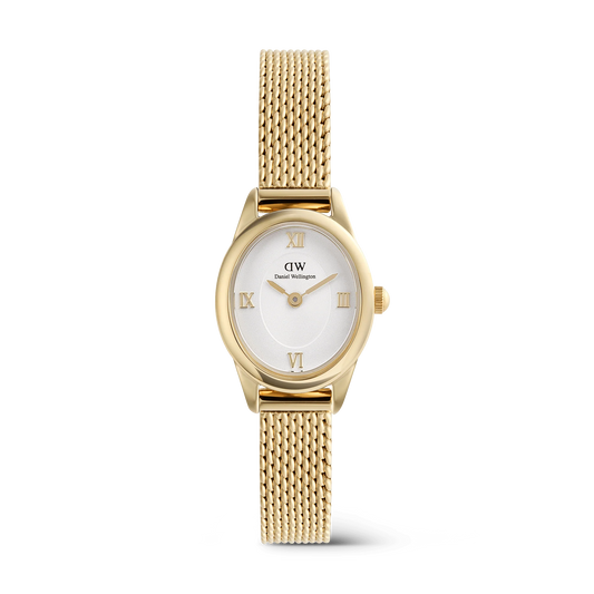 Daniel Wellington Ophelia Mini Mesh gold watch showing a sleek gold mesh strap and minimalist watch face.