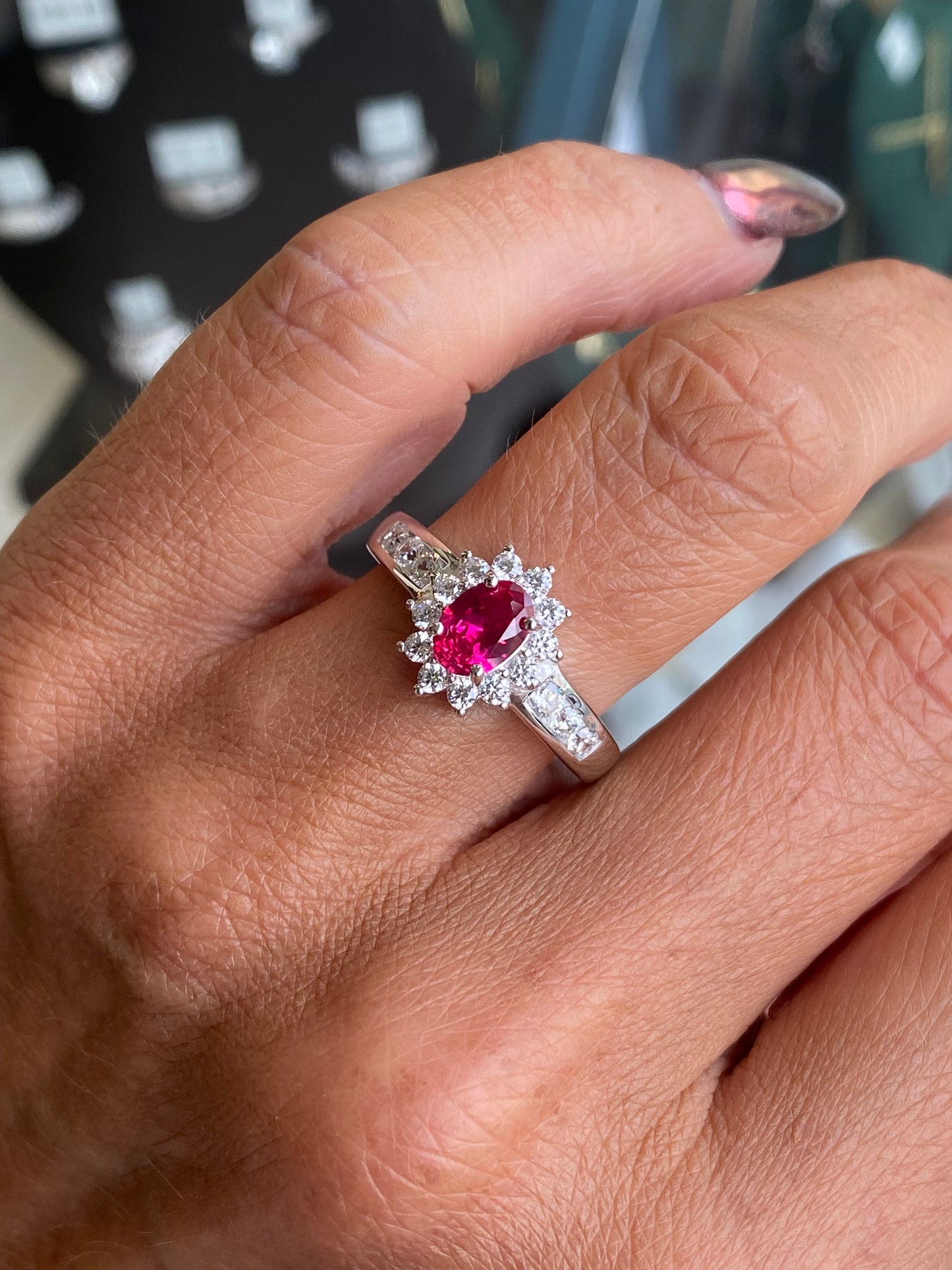 Silver Ruby Red Oval CZ Diana Ring with Shoulder