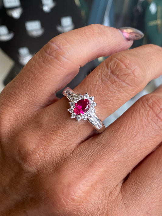Silver Ruby Red Oval CZ Diana Ring with Shoulder