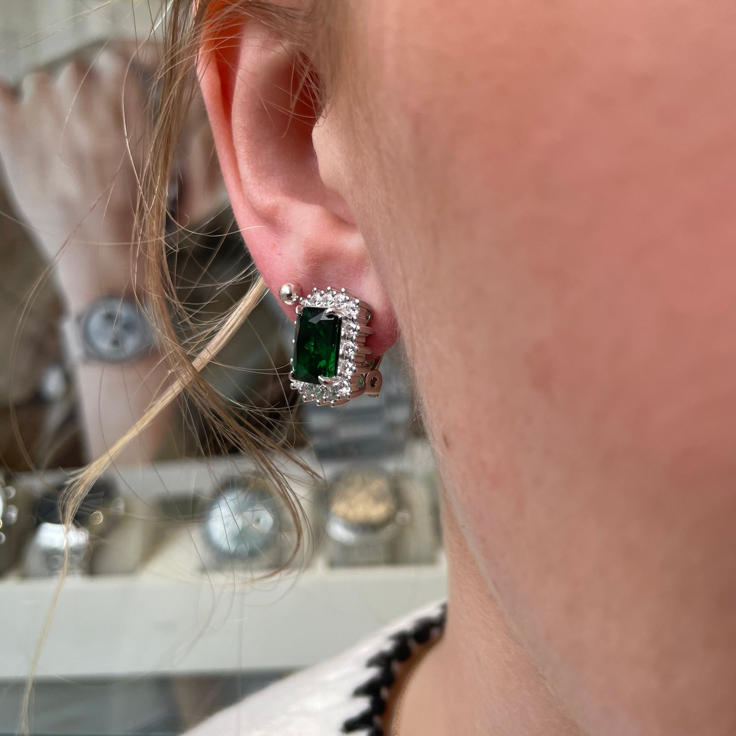 Silver Green CZ Emerald Cut Cluster Clip On Stud Earrings - John Ross Jewellers