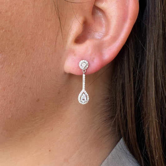 Silver CZ Pear Halo Drop Earrings - John Ross Jewellers