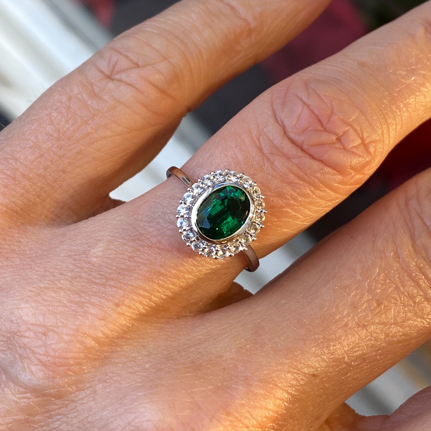 9ct White Gold Created Emerald & CZ Oval Cluster Ring - John Ross Jewellers