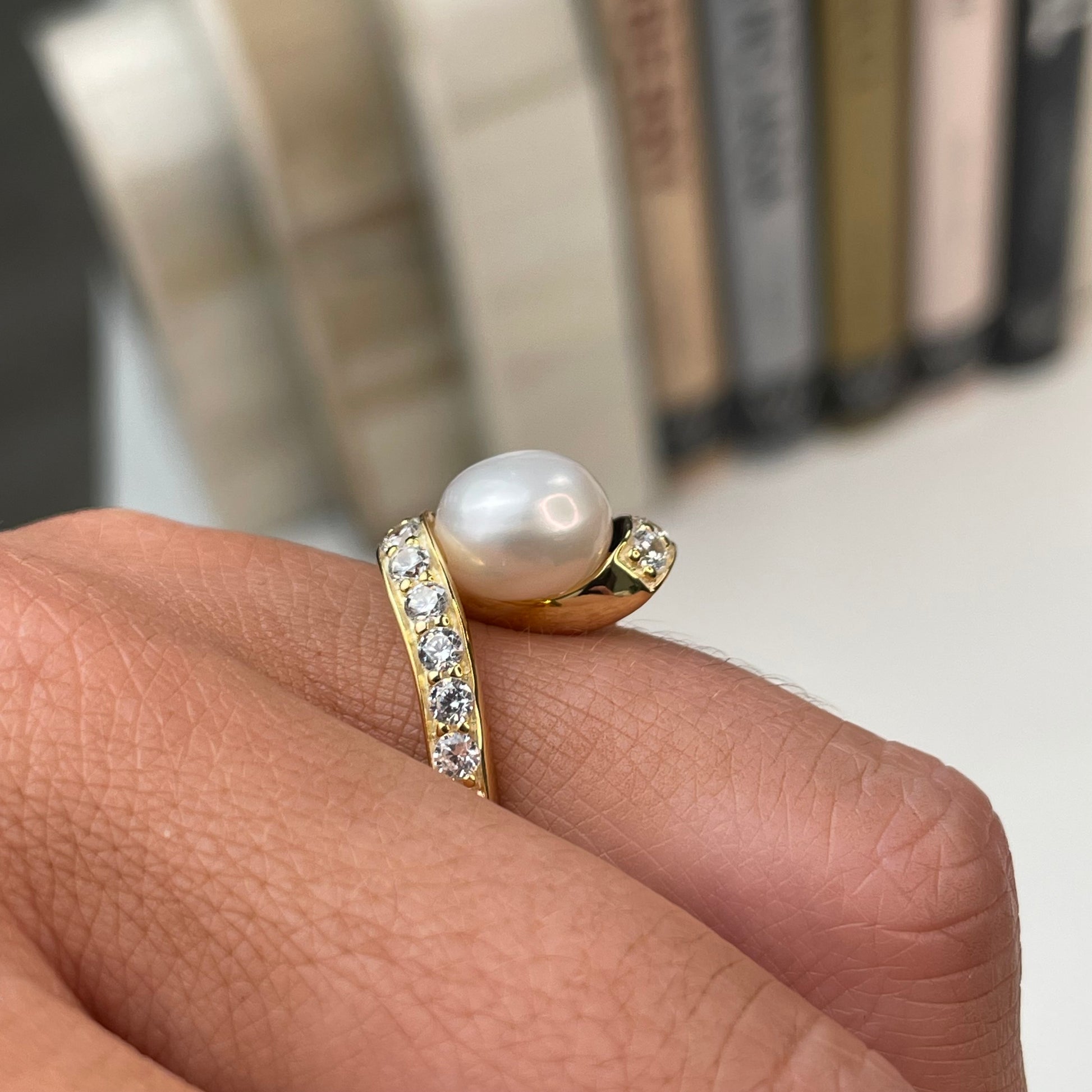 Sunshine Freshwater Pearl & CZ Crossover Ring | 9mm - John Ross Jewellers