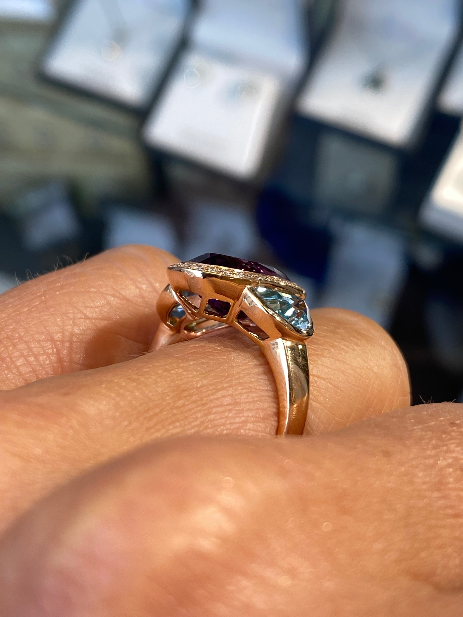18ct Rose Gold Amethyst, Blue Topaz & Diamond Ring - John Ross Jewellers