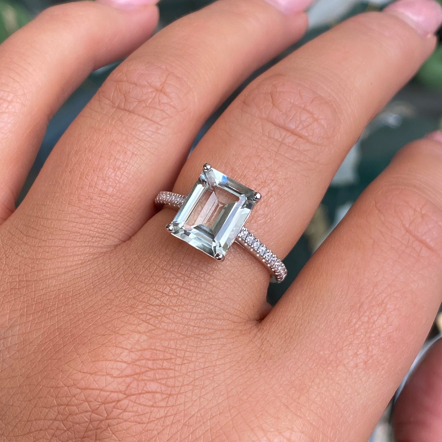 Silver Green Amethyst & CZ Solitaire Ring