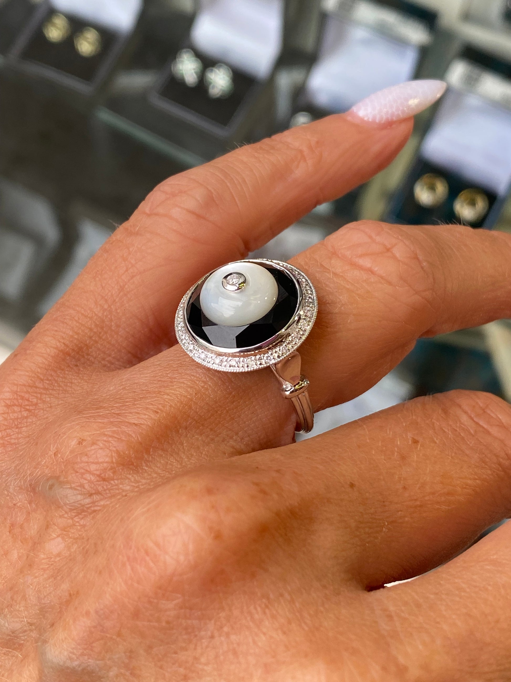 9ct White Gold Mother of Pearl, Onyx & Diamond Ring - John Ross Jewellers