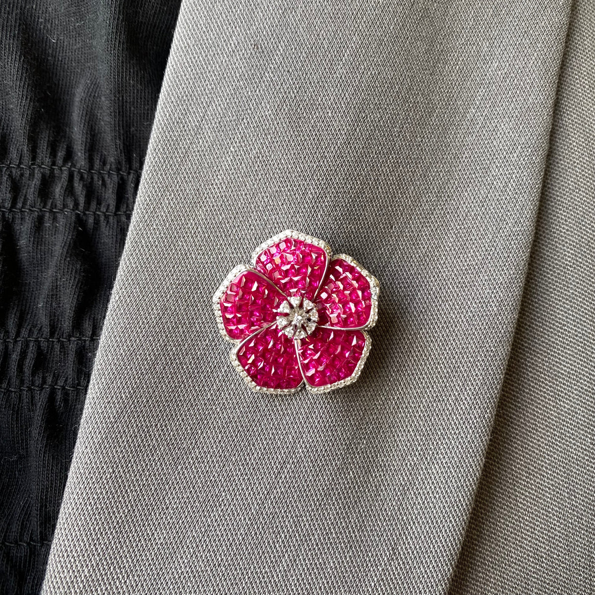 Silver CZ Flower Brooch | Ruby Red