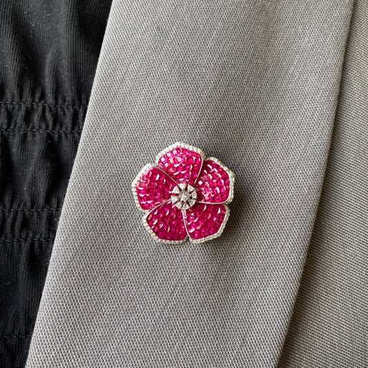 Silver CZ Flower Brooch | Ruby Red