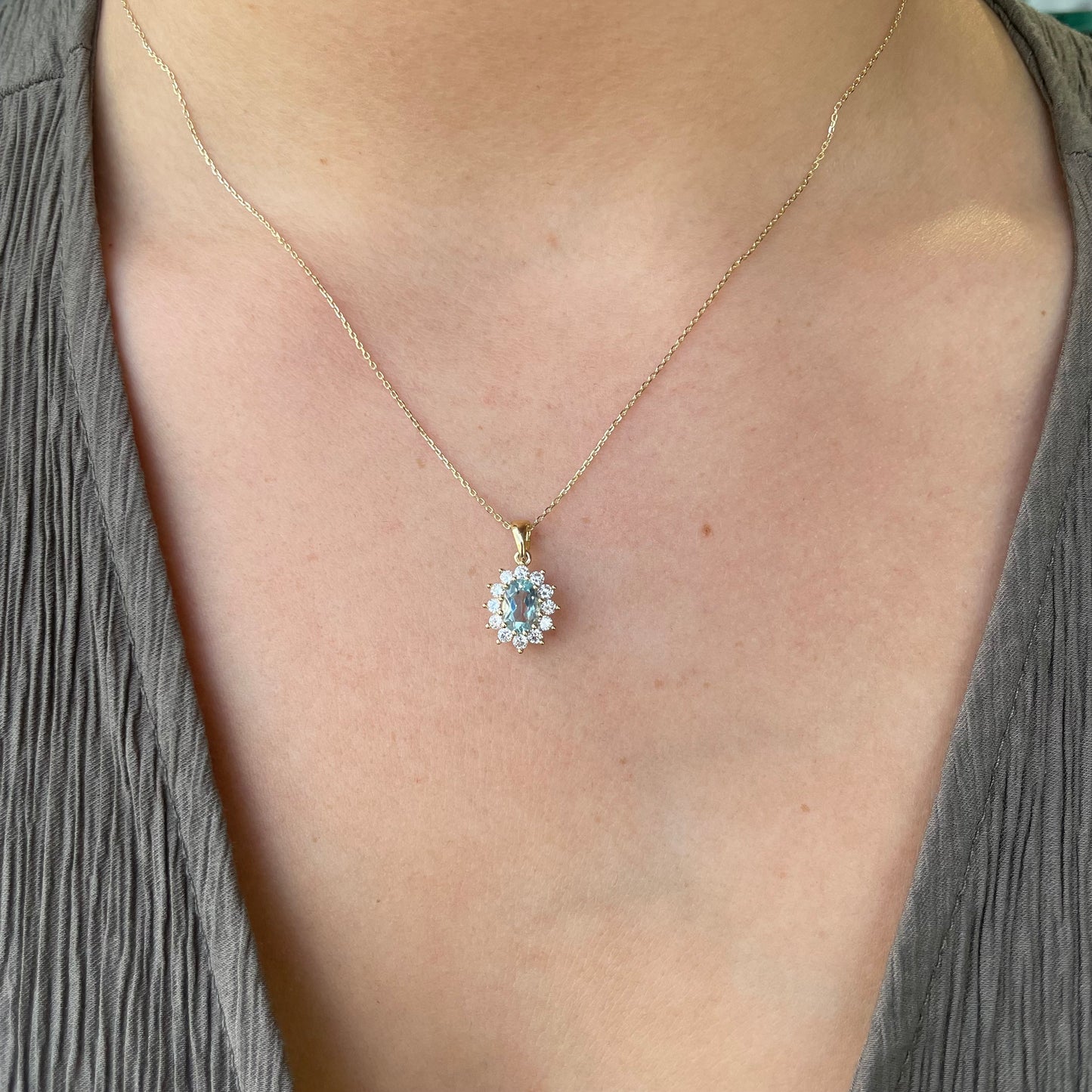 9ct Gold Sky Blue Topaz & CZ Pendant Necklace