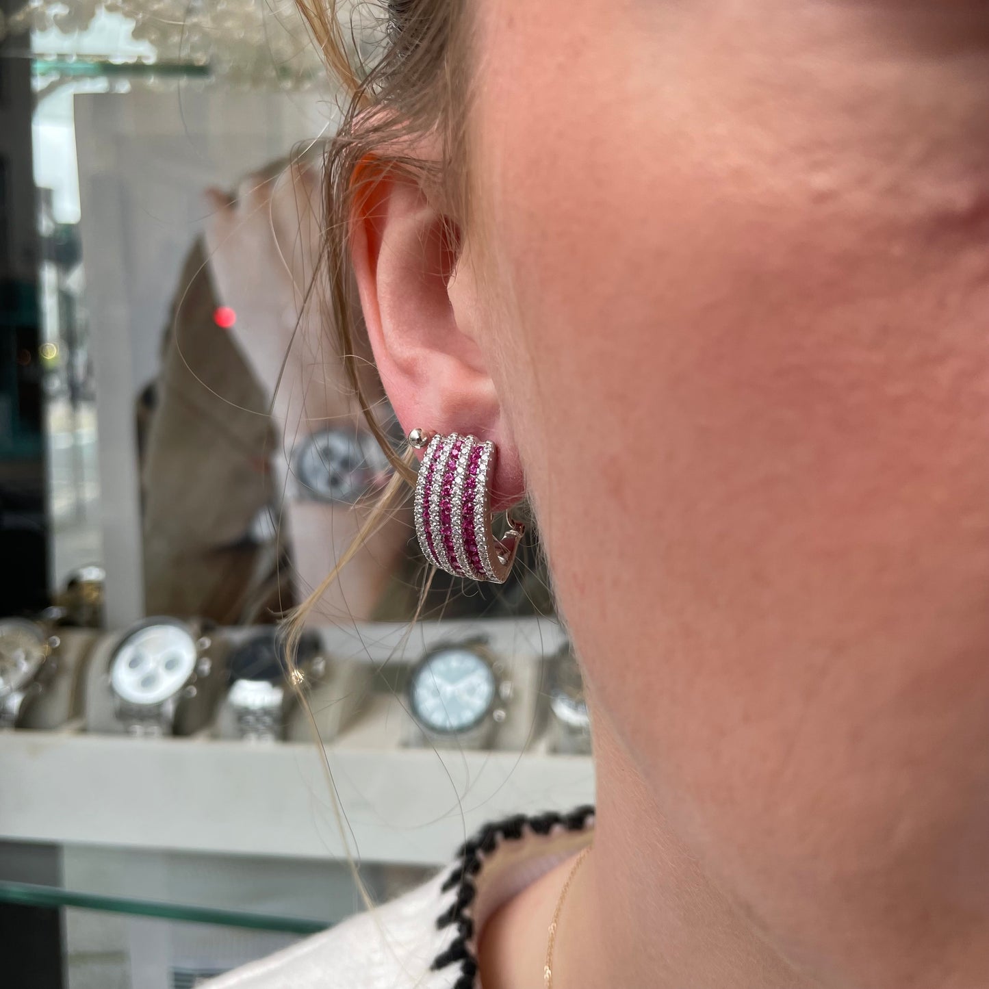 Silver Ruby Red CZ Band Stud Earrings - John Ross Jewellers