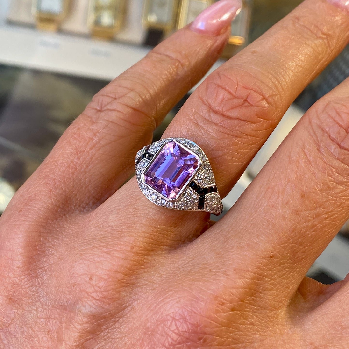 18ct White Gold Kunzite, Onyx & Diamond Ring - John Ross Jewellers