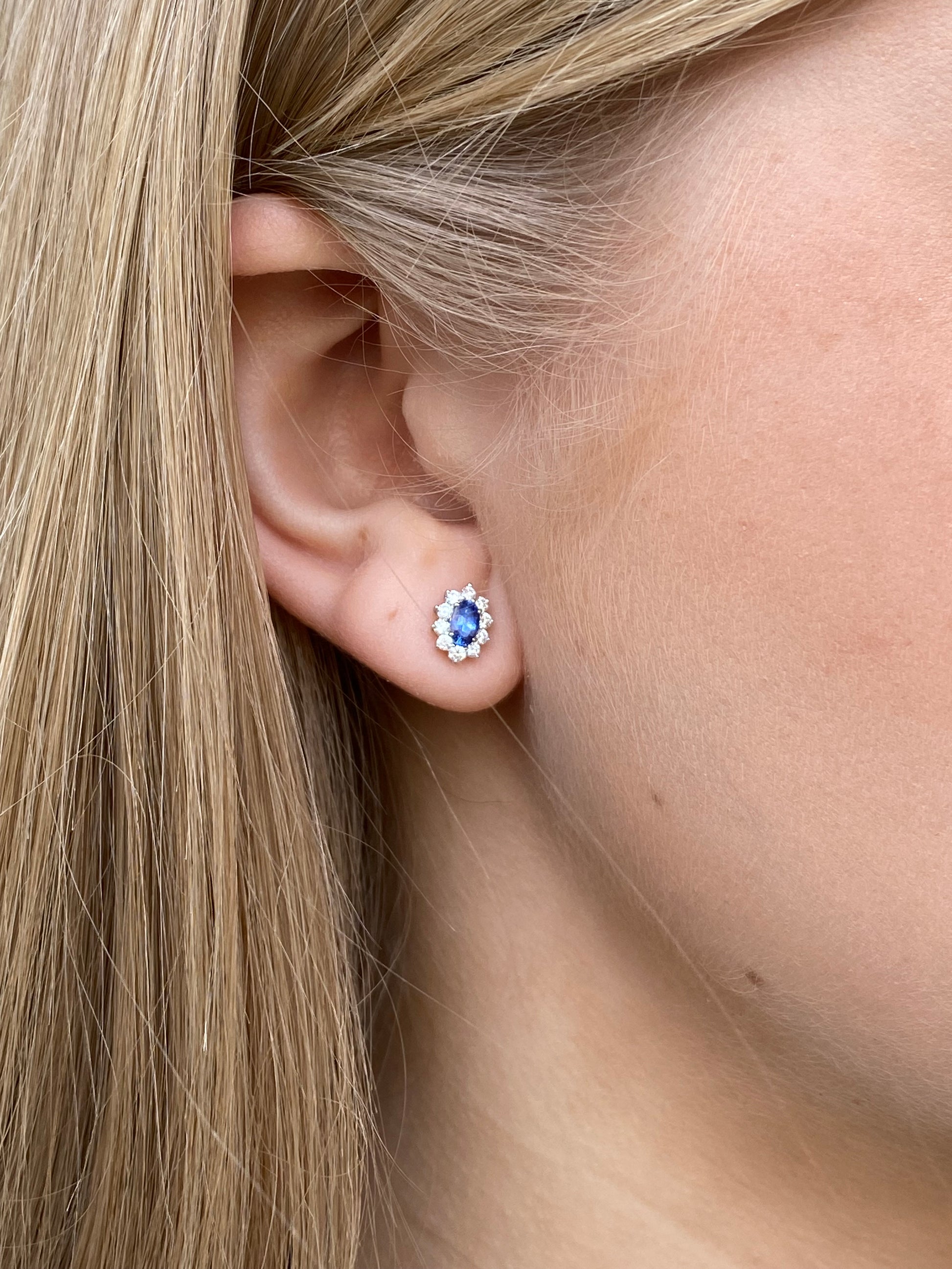 18ct white gold sapphire and diamond oval cluster stud earrings with sparkling gemstones, elegant and luxurious jewelry by LMJ