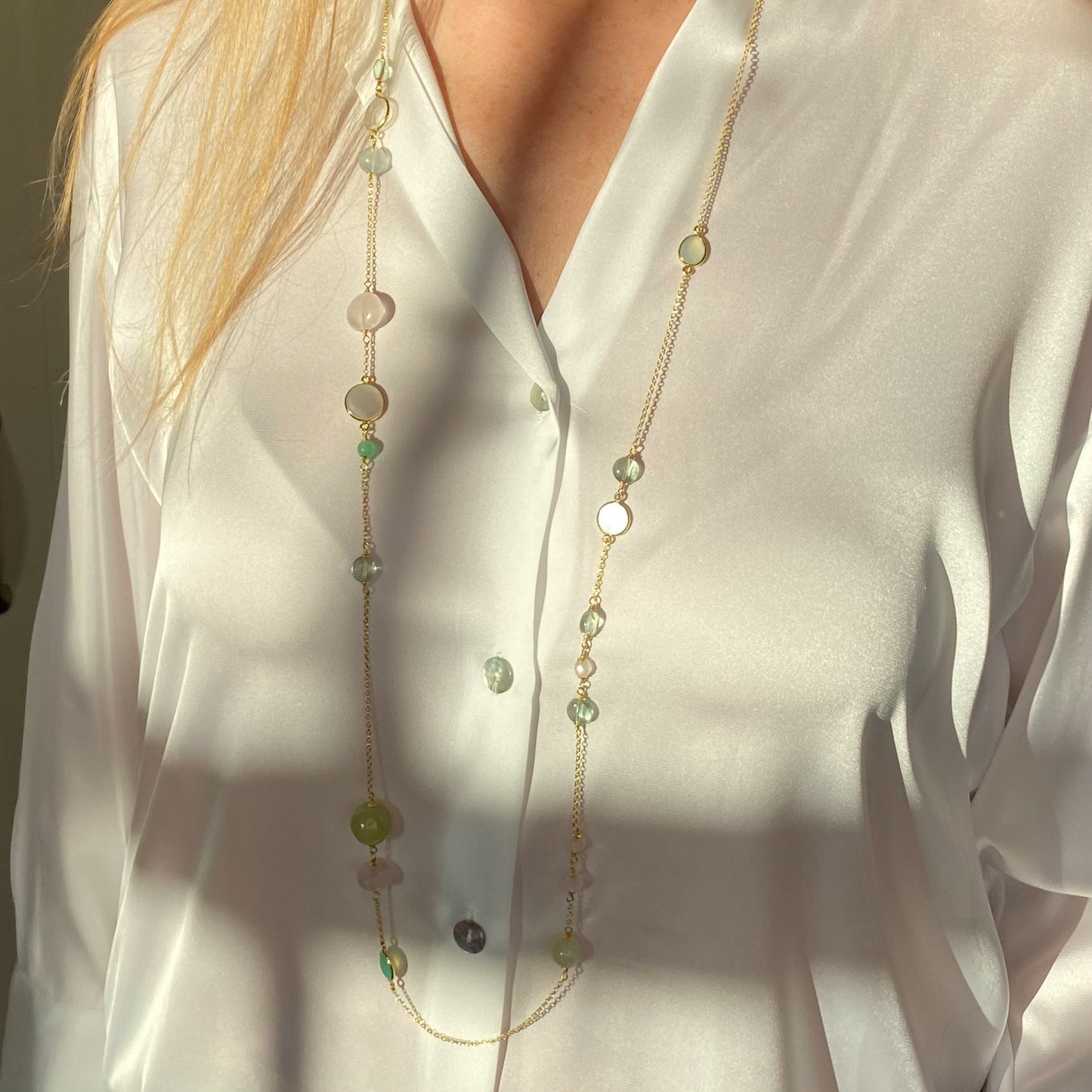 Primavera - Rose & Green Quartz, Mother of Pearl & Jade Necklace | 110cm - John Ross Jewellers