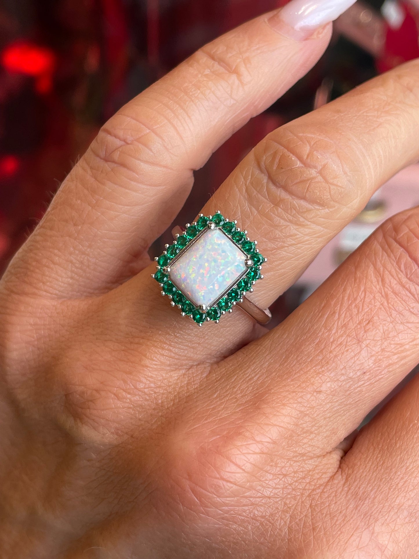 Silver Radiant Cluster Ring | Opalique & Emerald Green - John Ross Jewellers