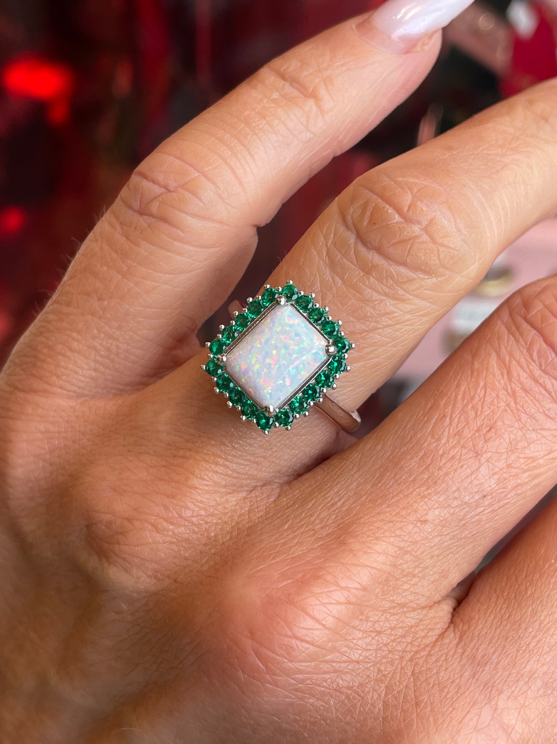 Silver Radiant Cluster Ring | Opalique & Emerald Green - John Ross Jewellers