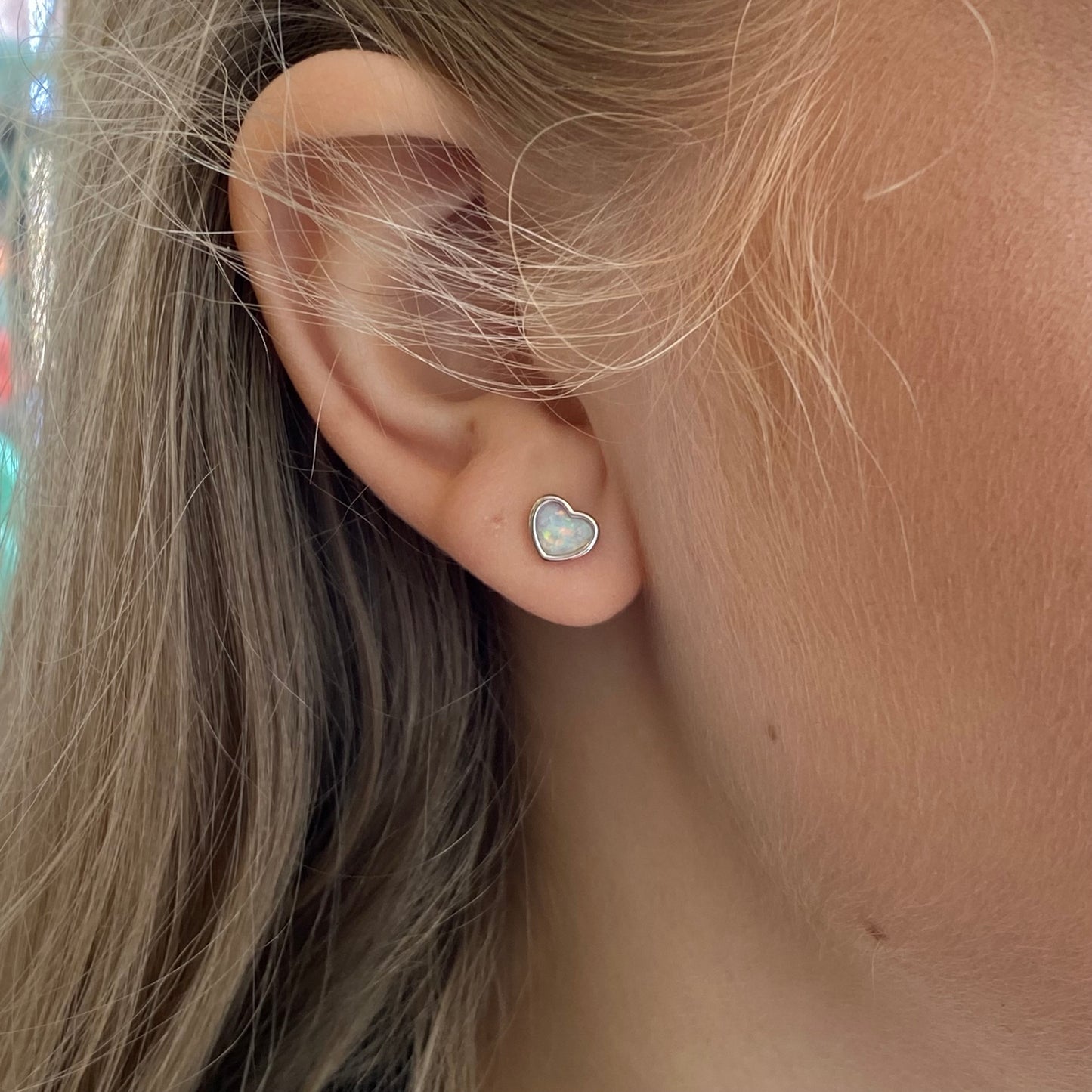 Silver White Opalique Heart Stud Earrings