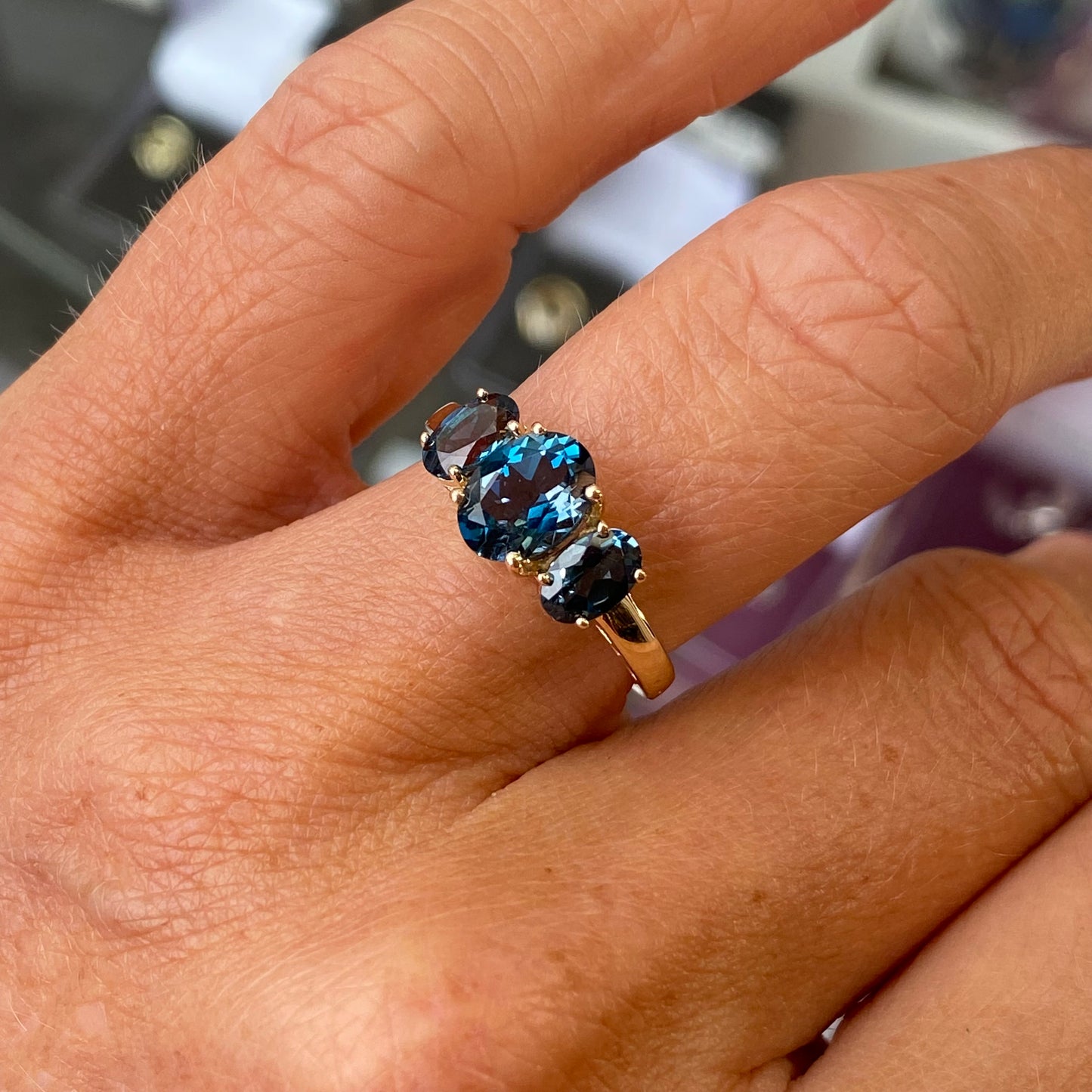 9ct Gold Oval Trilogy Ring - London Blue Topaz - John Ross Jewellers