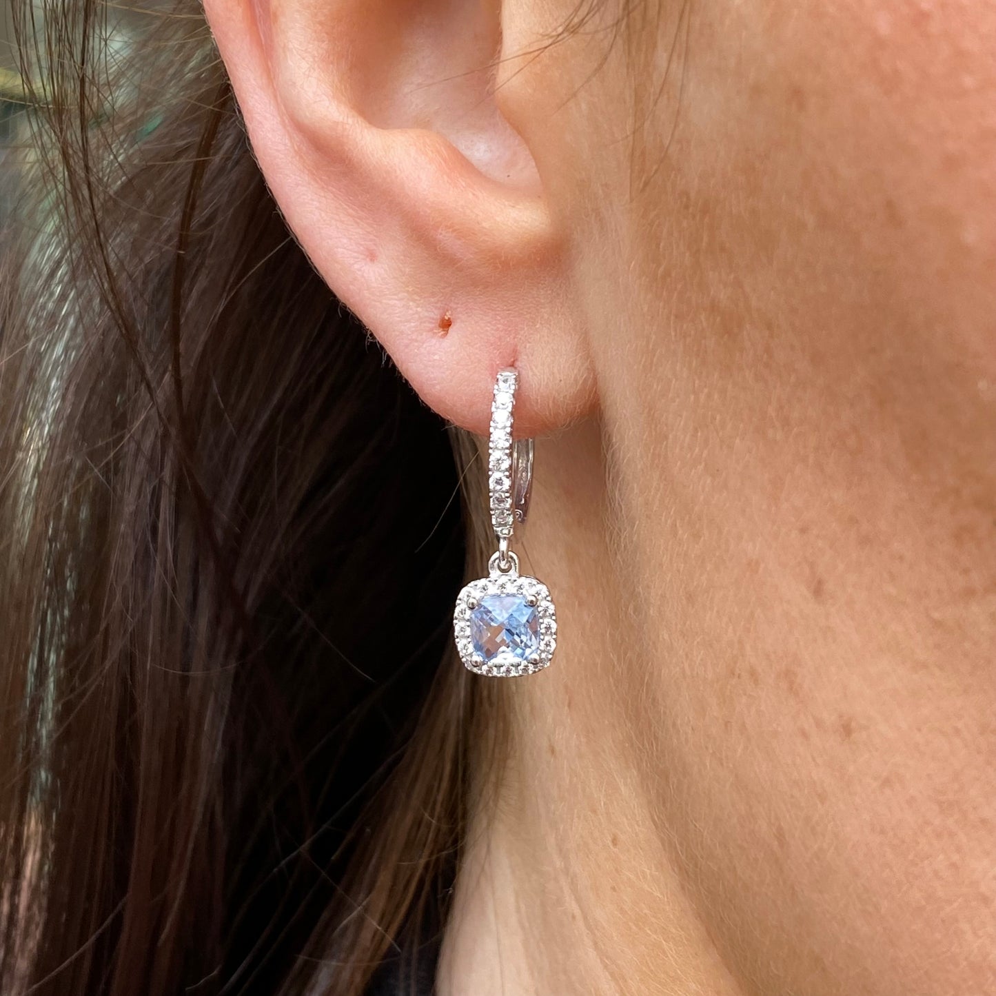 Silver Aqua Halo CZ Hoop Drop Earrings - John Ross Jewellers