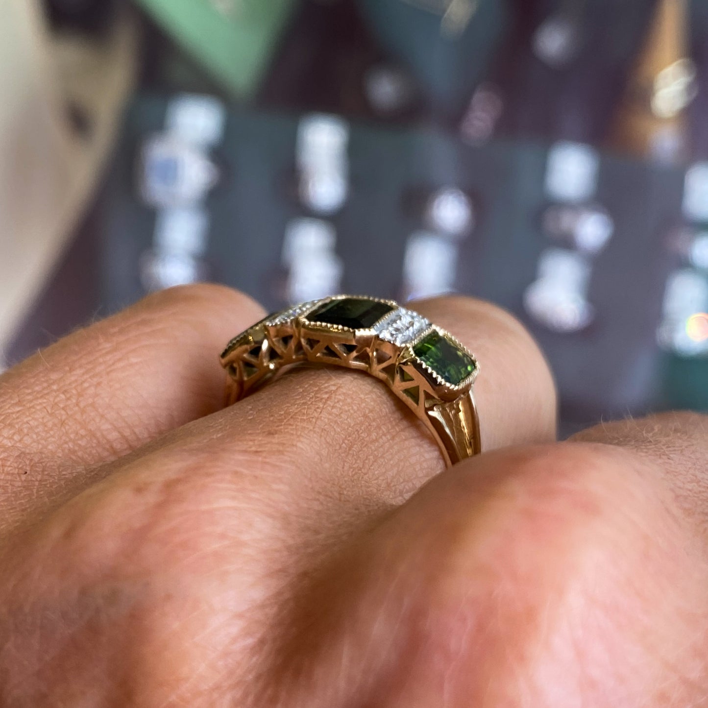 9ct Gold Green Tourmaline & Diamond Trilogy Ring
