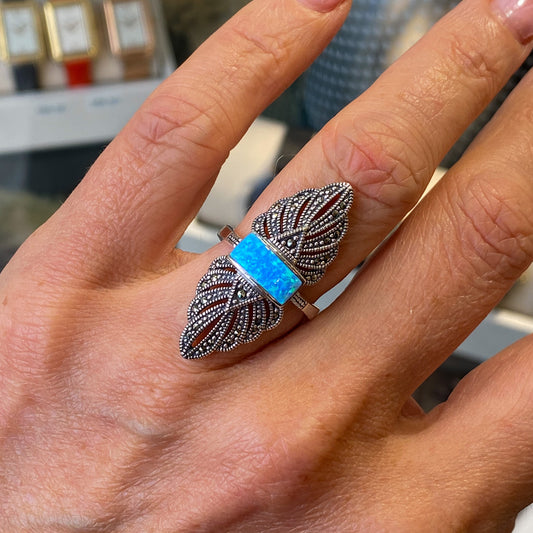 Silver Marcasite & Blue Opalique Winged Ring - John Ross Jewellers