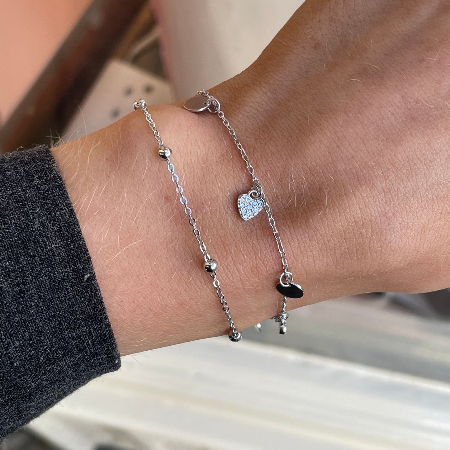 Silver CZ & Disc Double Bracelet | 17+3cm