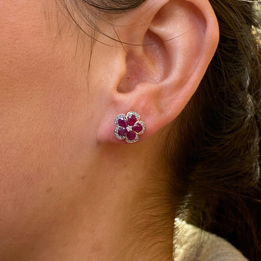 14ct Gold Ruby & Diamond Floral Stud Earrings