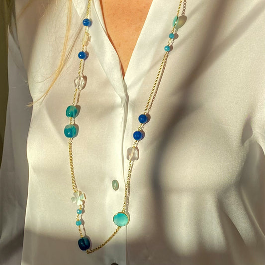 Blue Agate, Quartz & Mother of Pearl Necklace | 100cm - John Ross Jewellers