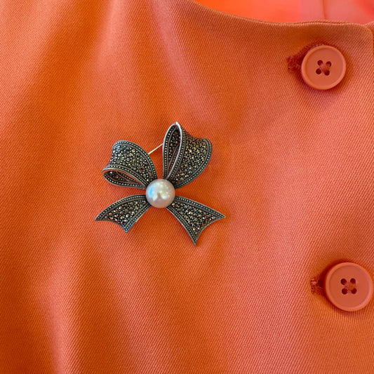 Silver Marcasite & Pearl Ribbon Bow Brooch - John Ross Jewellers