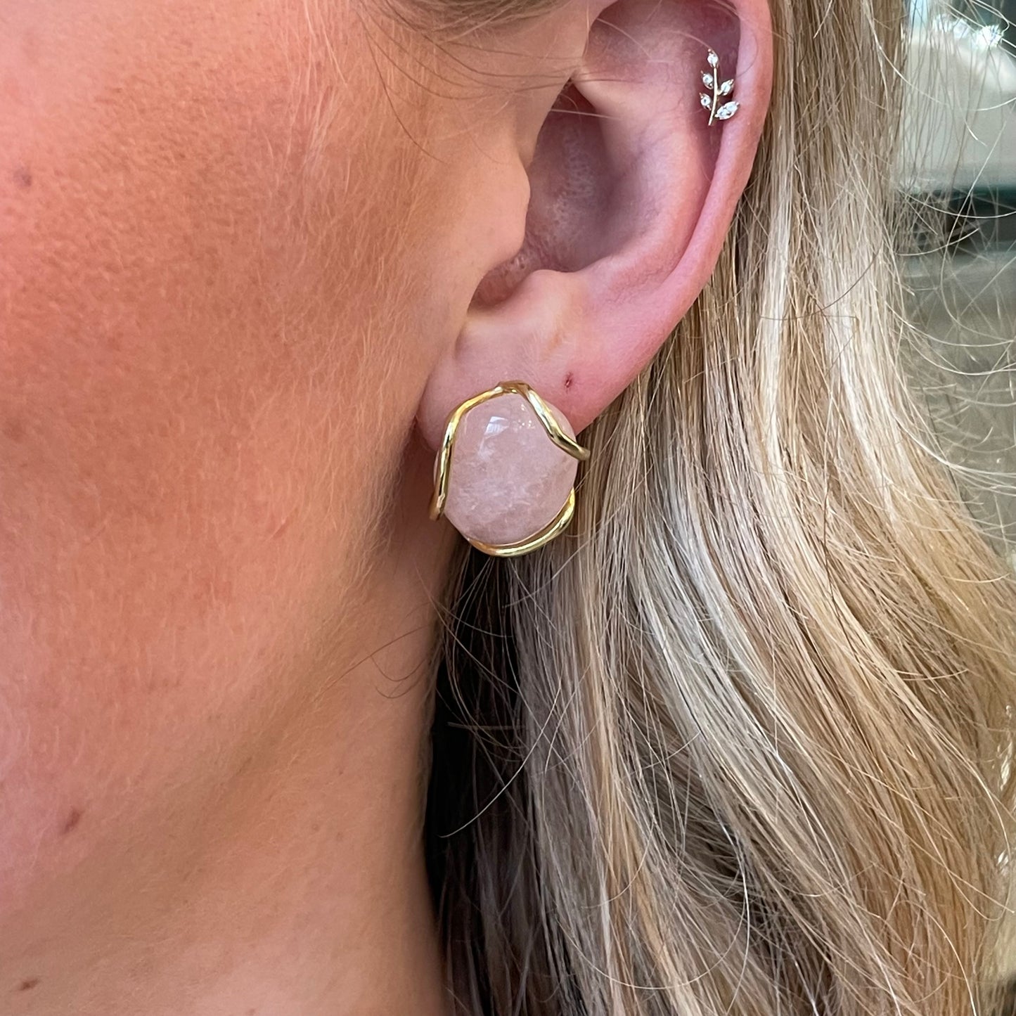 Bruno Baroque Morganite stud earrings with 21mm x 17mm faceted morganite gemstones on silver settings.