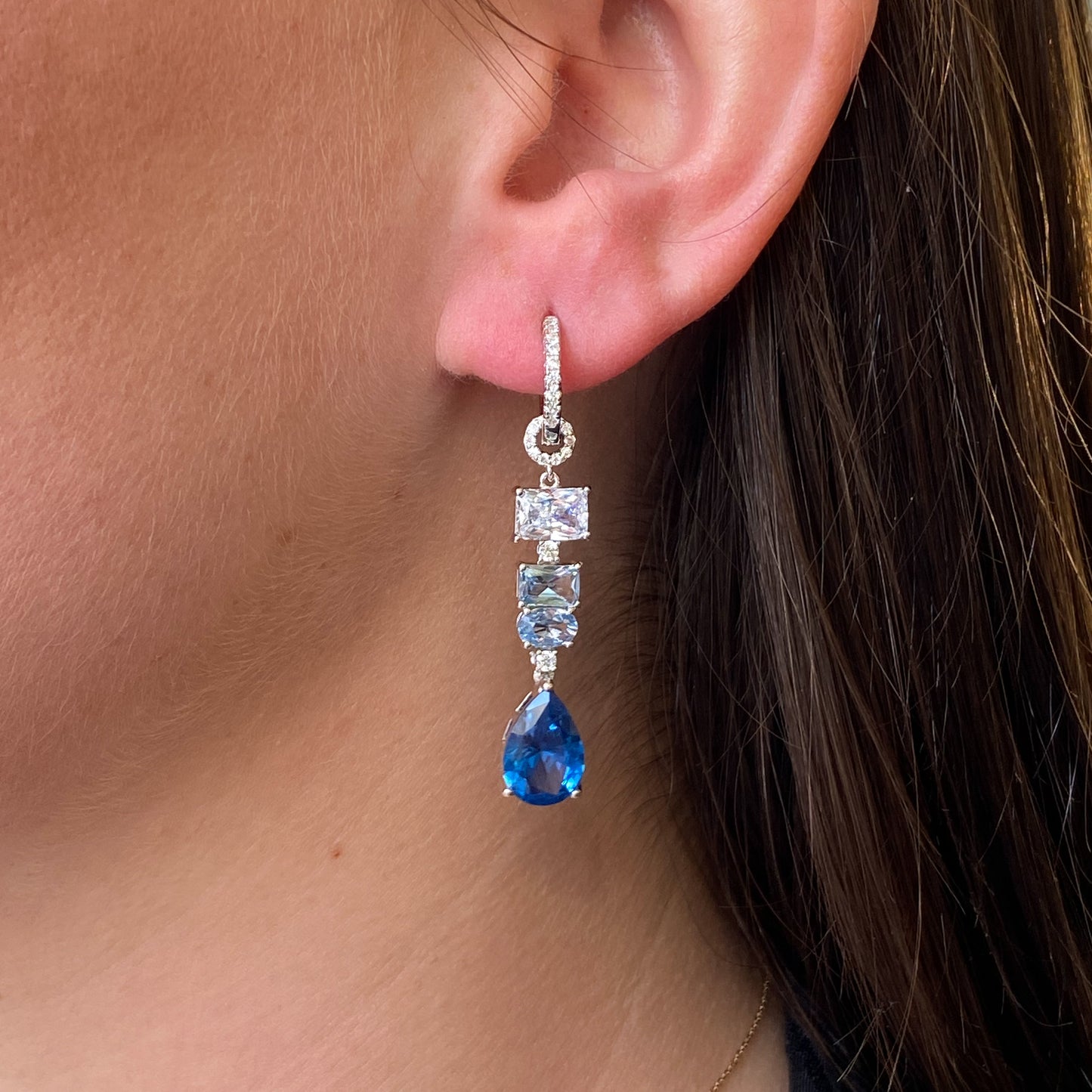 Silver CZ Blues Hoop Drop Earrings