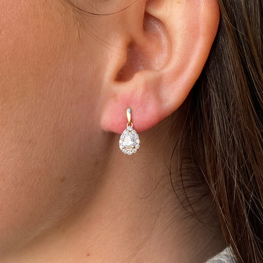 9ct Gold Pear Halo CZ Drop Earrings - John Ross Jewellers
