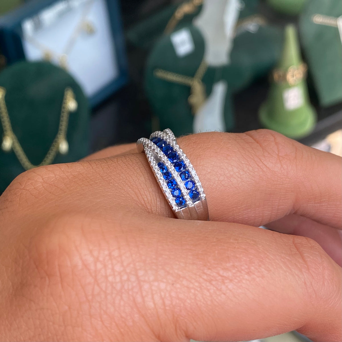 Silver CZ Crossover Ring | Sapphire Blue