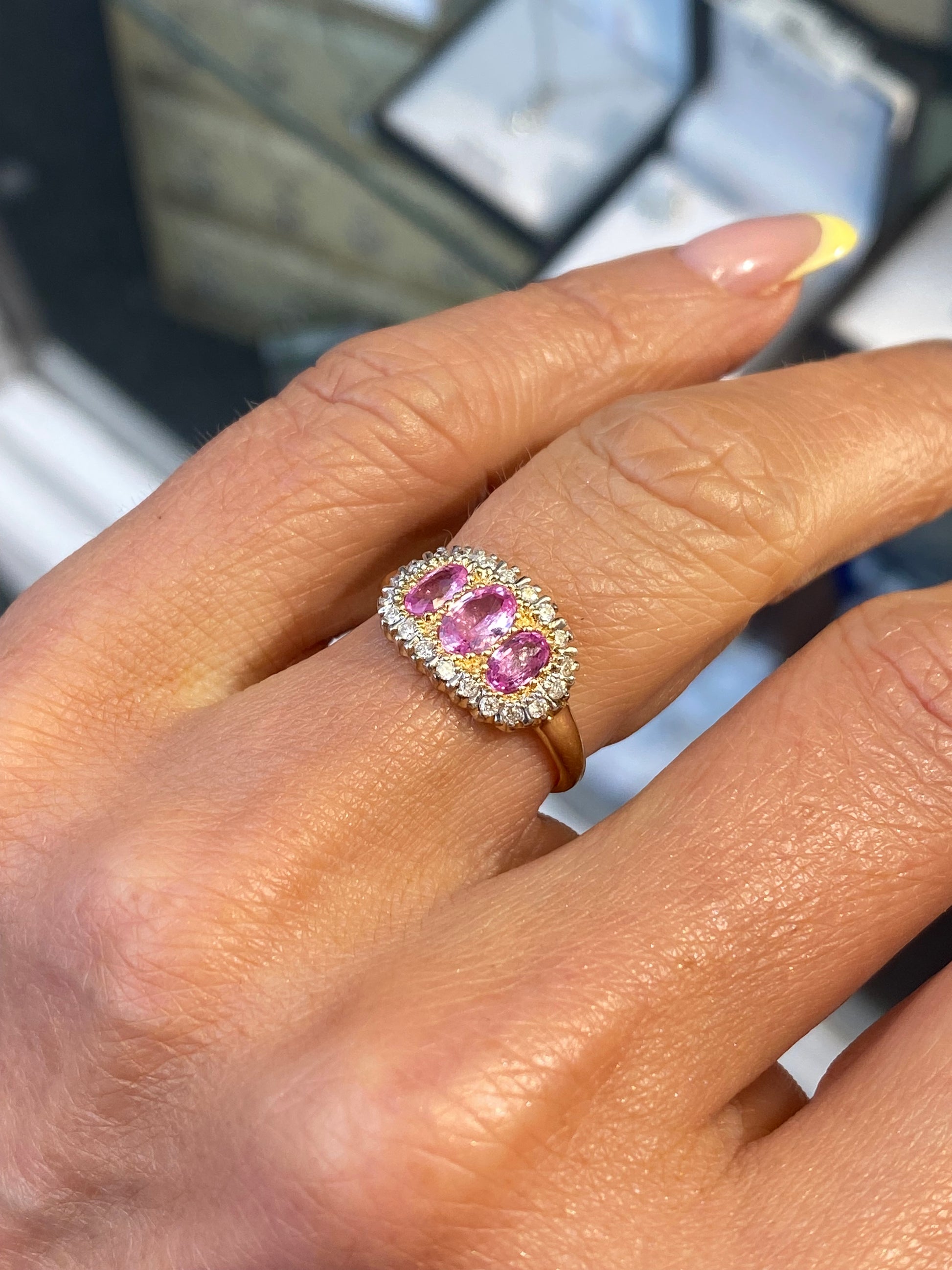 9ct Gold Pink Sapphire & Diamond Trilogy Ring - John Ross Jewellers