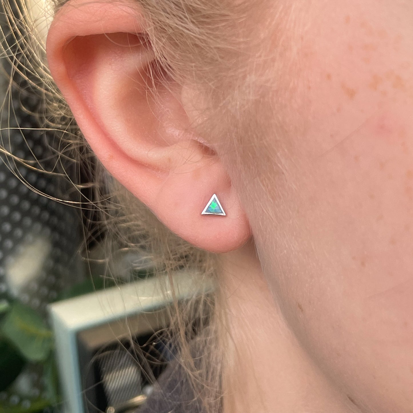 Silver Triangle Blue Opalique Stud Earrings