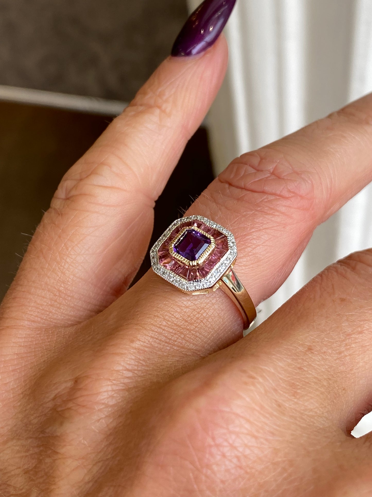 9ct Gold Amethyst, Pink Tourmaline & Diamond Ring