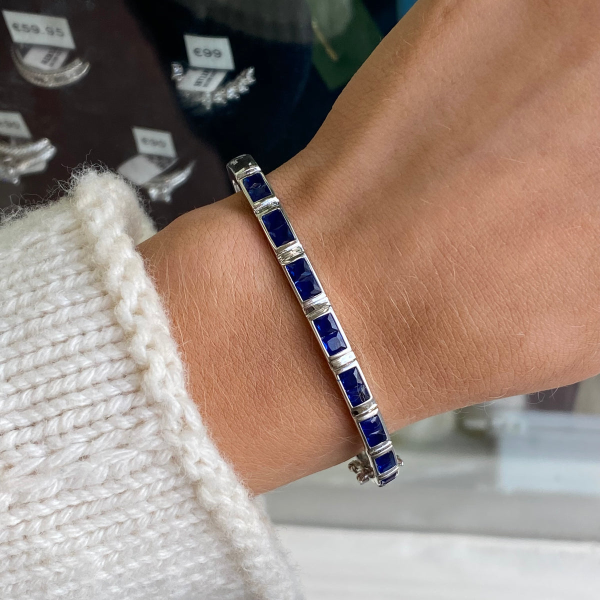 Silver CZ Bangle | Sapphire Blue + White