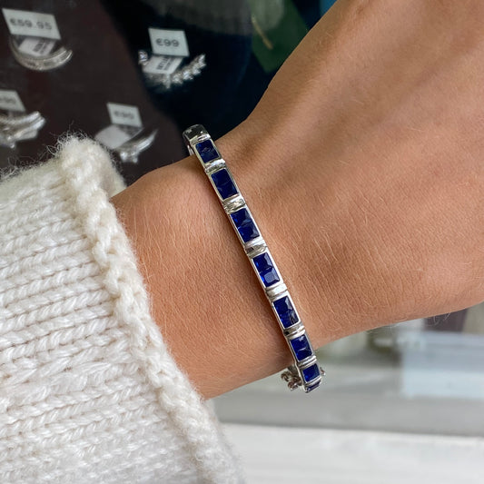 Silver CZ Bangle | Sapphire Blue + White
