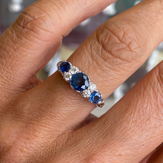 9ct White Gold Sapphire & Diamond Trilogy Ring