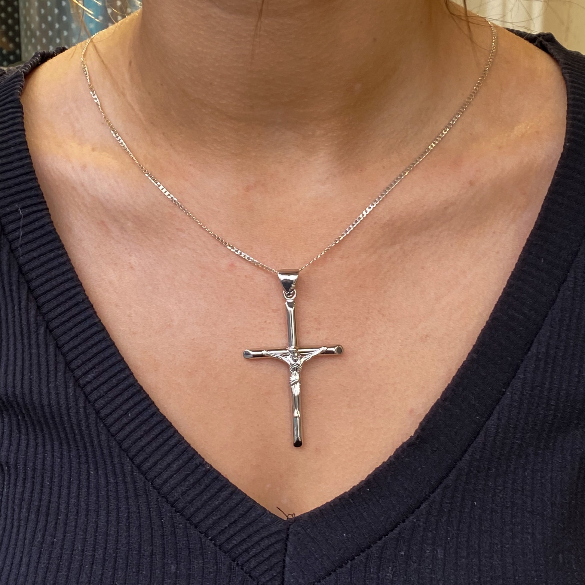Silver Chamfered Crucifix Cross Necklace Extra Extra Large