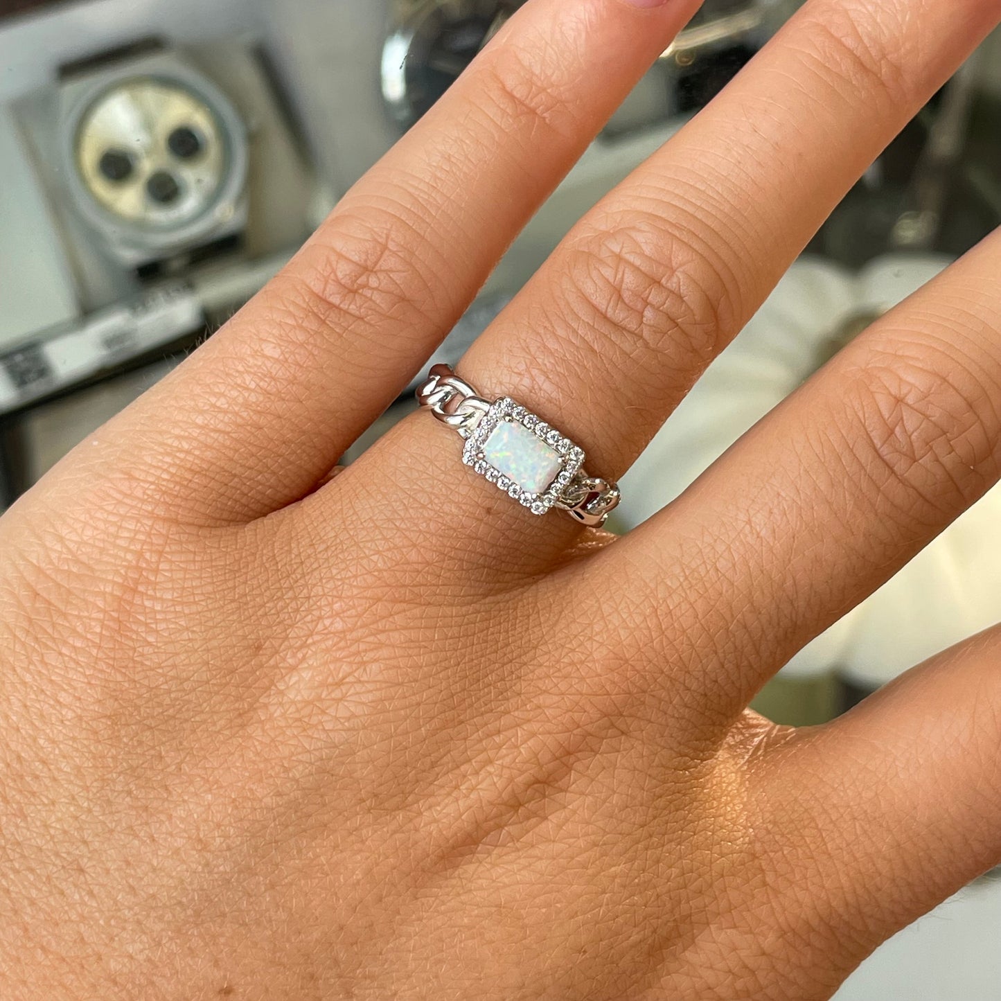 Silver Opal & CZ Chain Ring - John Ross Jewellers