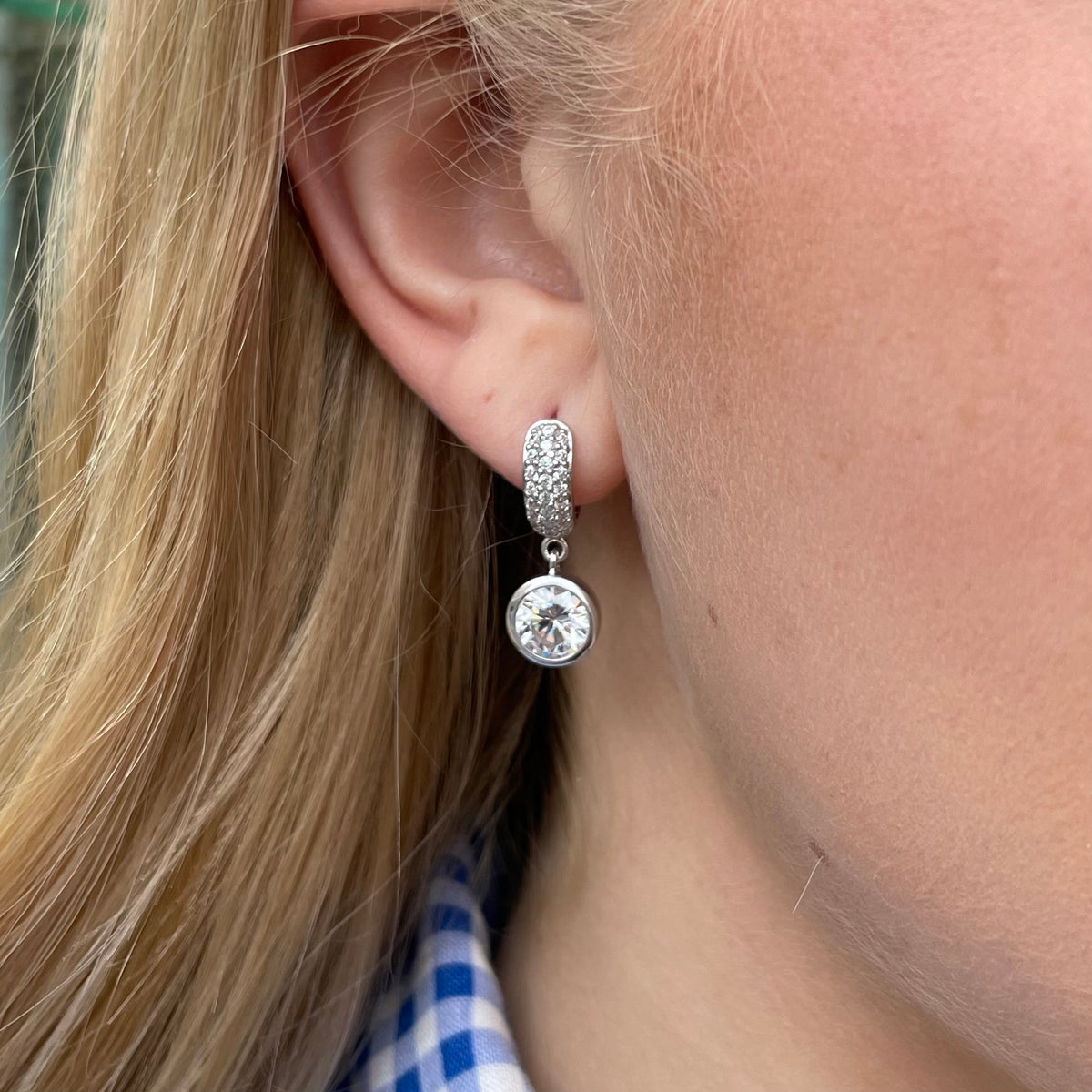 Silver CZ Dropper Huggie Hoop Earrings