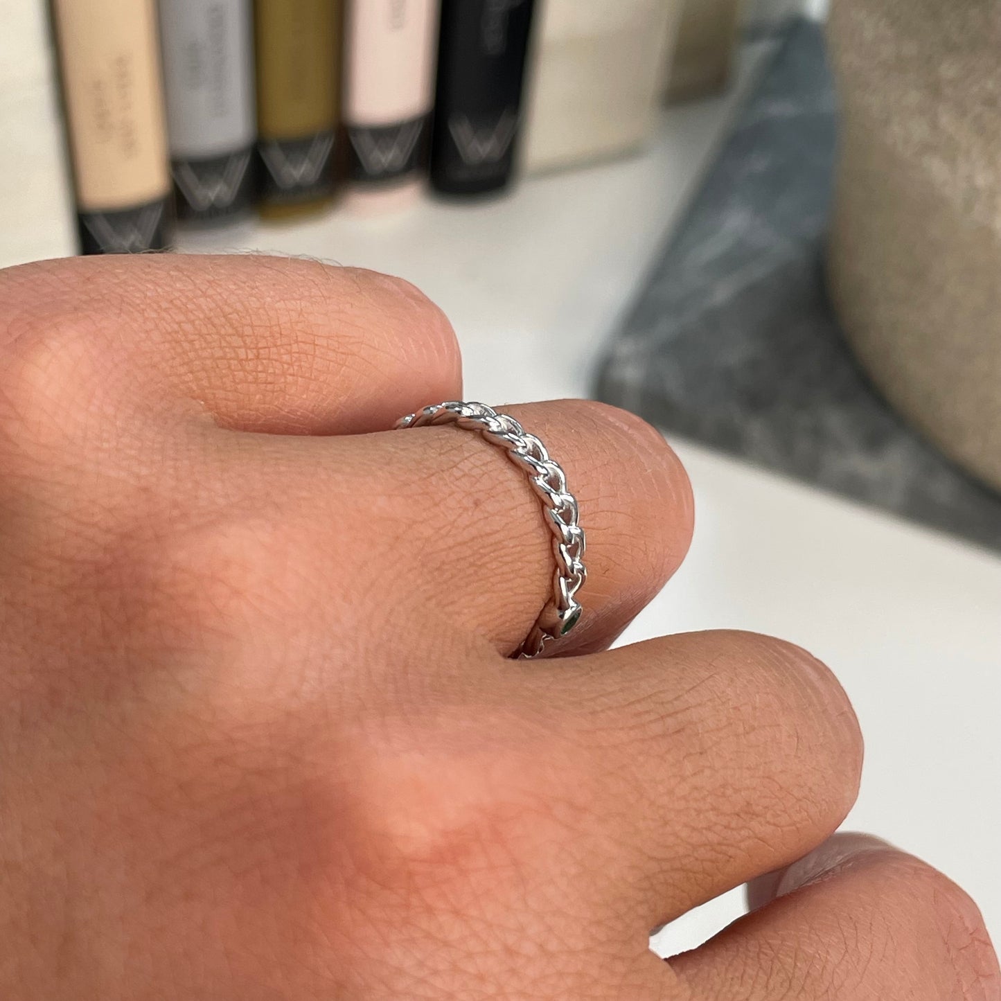 Silver Minimal Green CZ Chain Ring - John Ross Jewellers